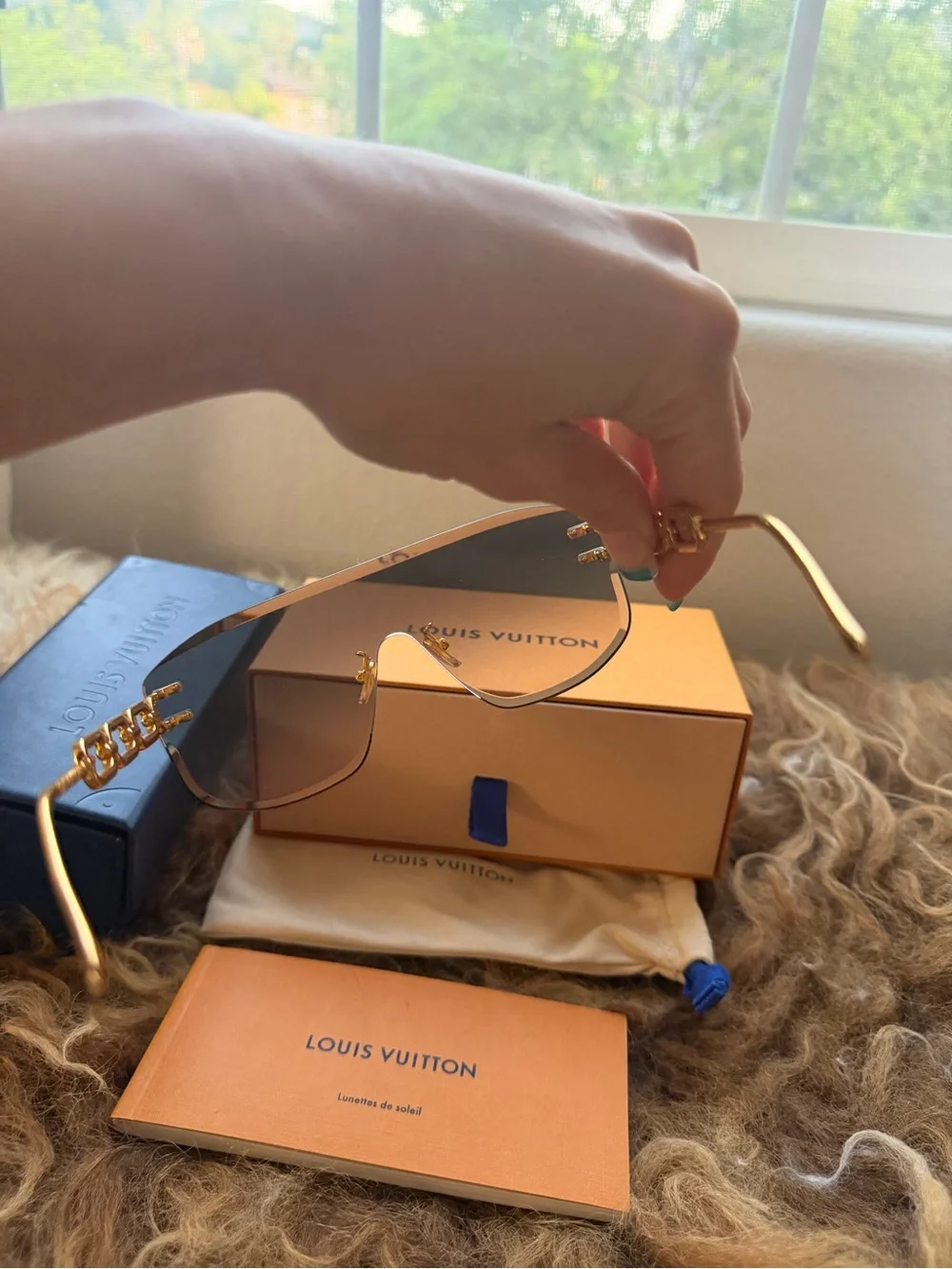 Louis Vuitton Blue Shield Sunglasses with Gold Chain Accent
